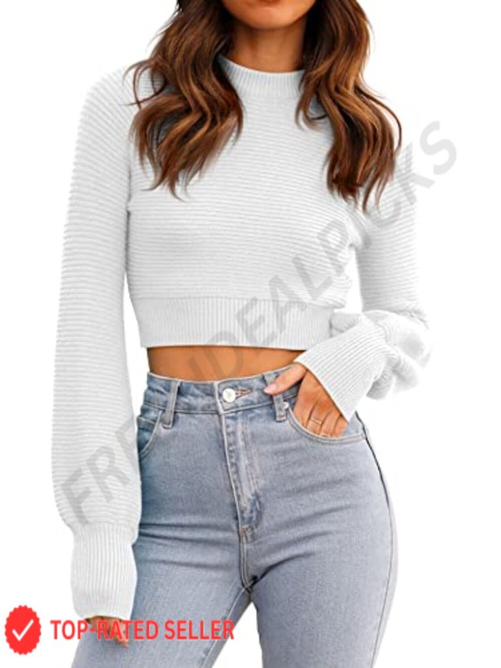 Womens Ribbed Knit Cropped Sweater Crew Neck Puff Sleeve Pullover